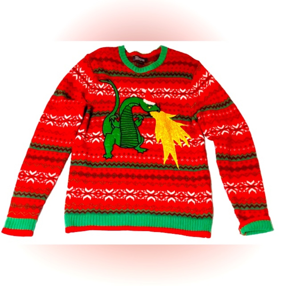 33 Degrees Ugly Christmas Sweater Fire Breathing Dragon Women’s EUC Sz XL Red